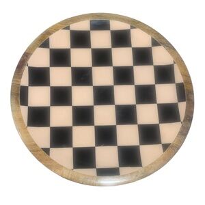 Checkered Lazy Susan 12” Wood w Enameled Surface Black Cream w Pinkish Hue